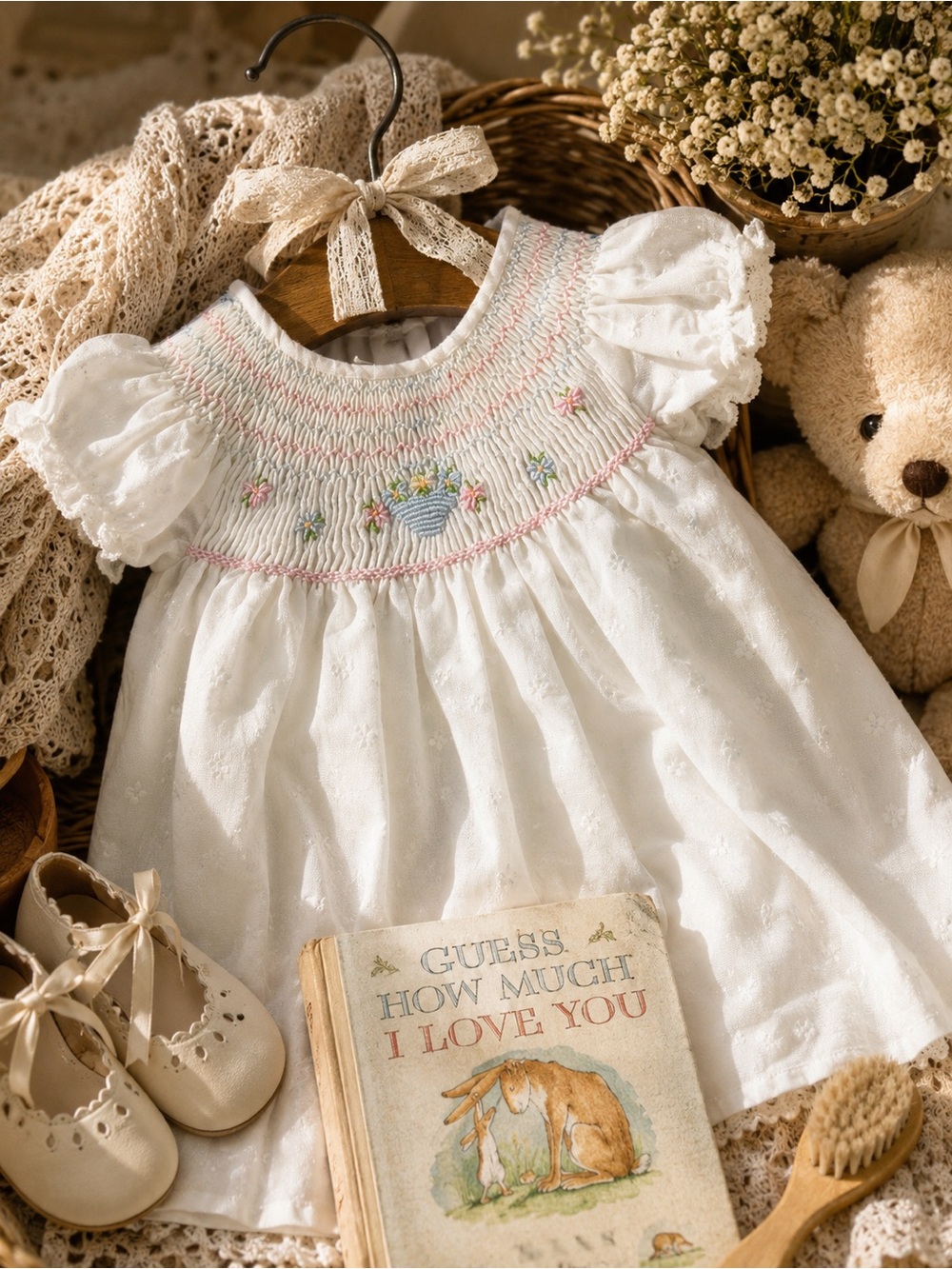 Vintage Bebe by Cradlecraft Smocked White Dress Made in Spain Infant Heirloom
